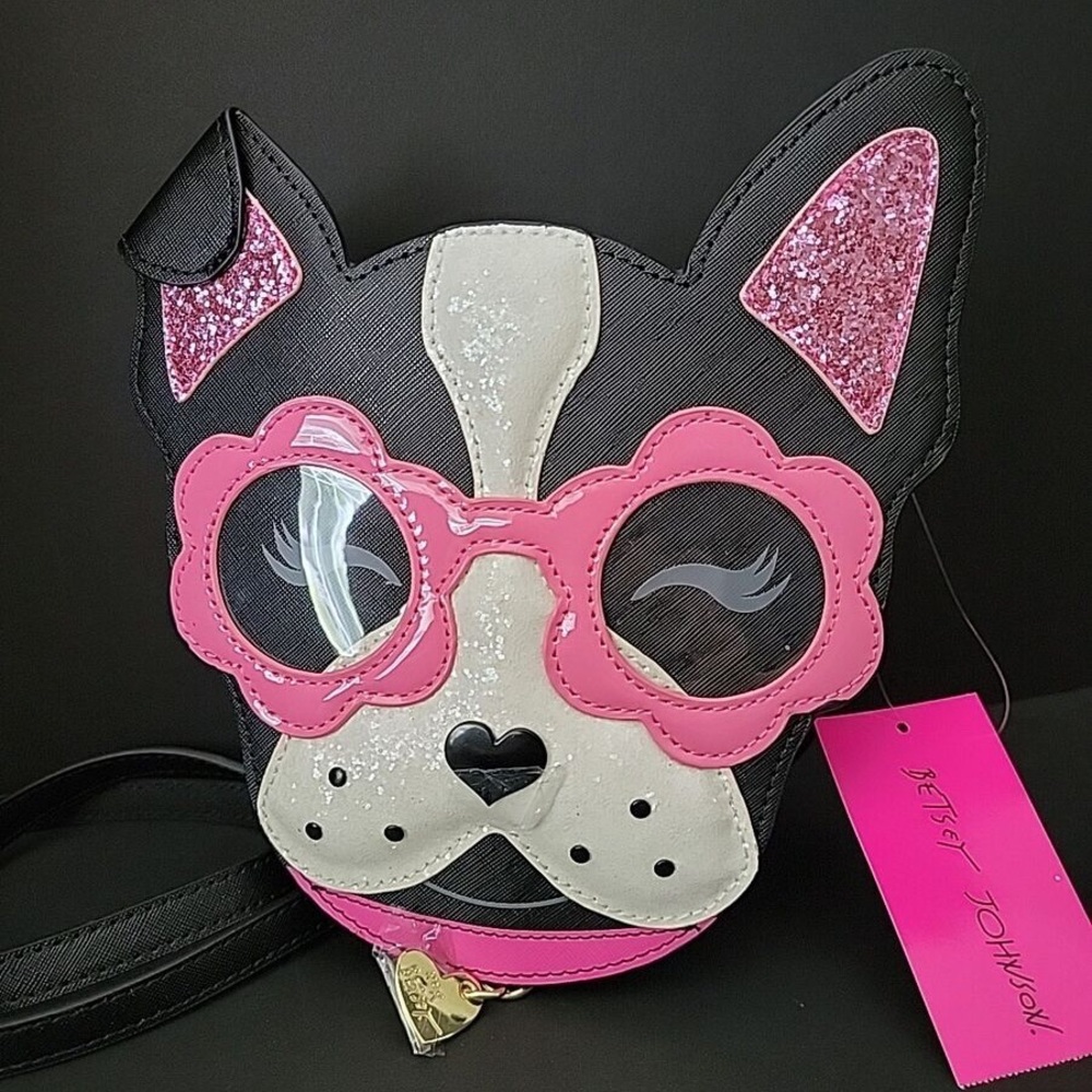 BETSEY JOHNSON XO Kitsch Puppy In Sunglasses/ Pink Glitter Ears Crossbody NWT